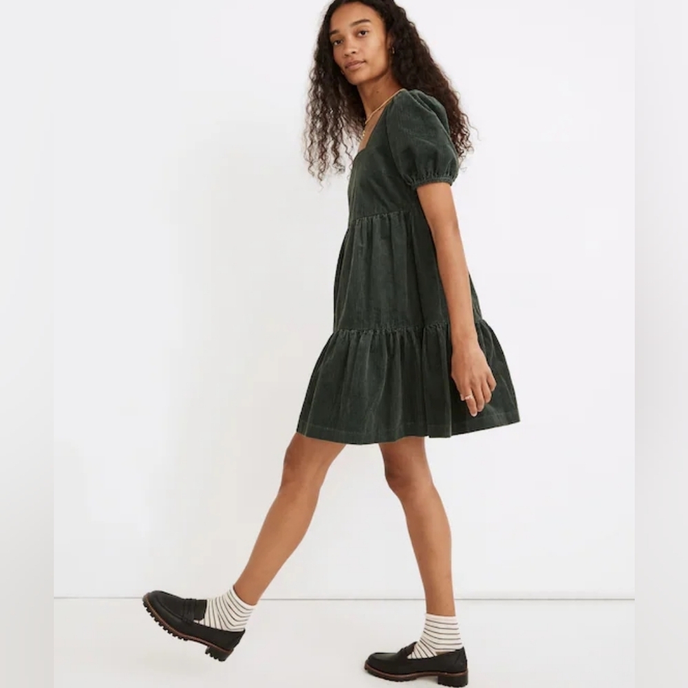 Madewell Corduroy Aidy Square-Neck Tiered Mini Dress Sz 4 - Picture 3 of 13